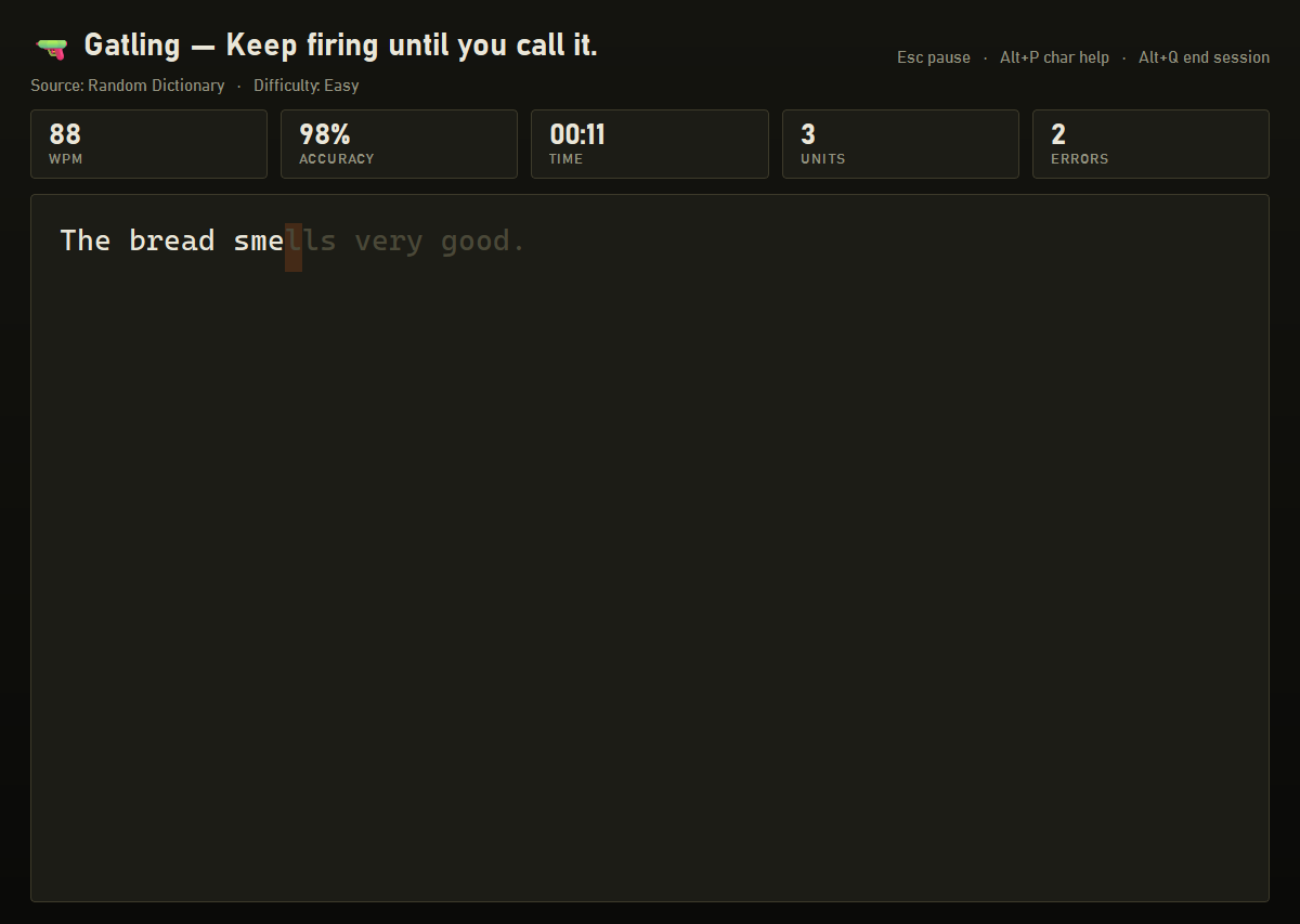 Live BrokenType typing session with color-coded feedback