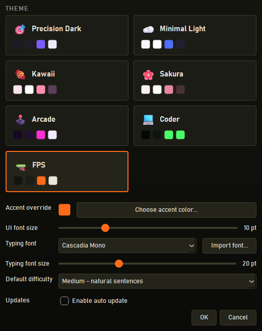 BrokenType settings panel with theme picker
