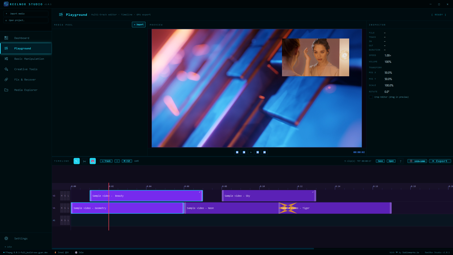 Línea de tiempo multipista con vista previa de composición en vivo en Playground.