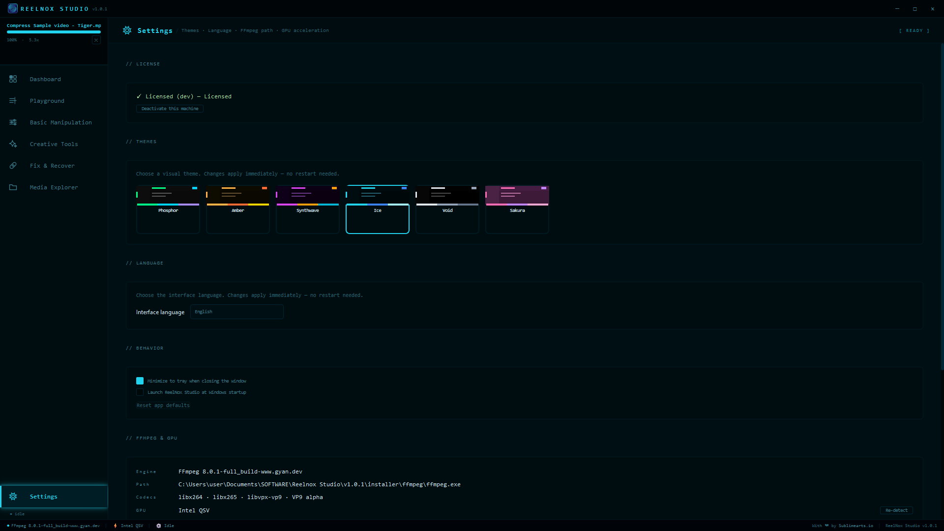 Seis temas integrados y detección automática de GPU, desde Ajustes.