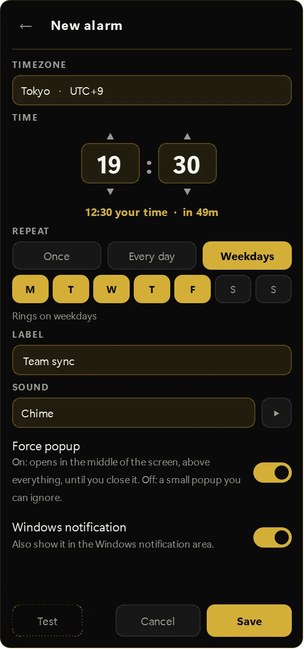 The alarm editor: Tokyo, 19:30, weekdays, force popup on